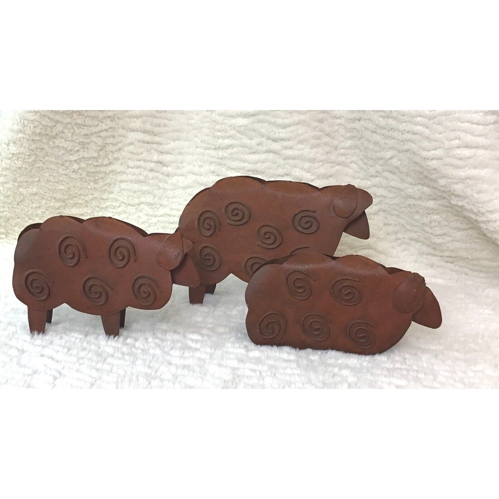 Metal Sheep Decor Folk Art Style Lamb Trio Fused Copper Color Whimsy Cottagecore